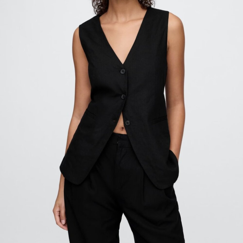 GAP Black Linen Blend Longline Vest Sleeveless Button Front Top SZ Large